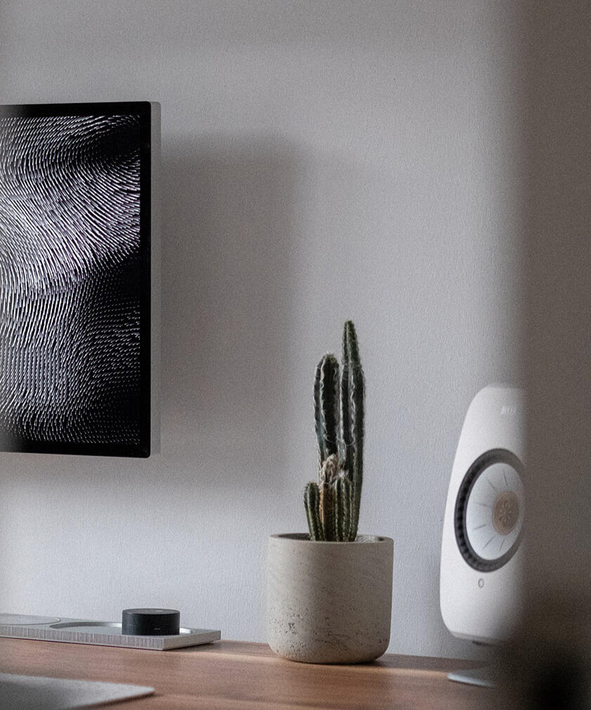 A photograph of a minimal wooden desk in a bright room, featuring a wall-mounted monitor, a tall, potted cactus, and a large, white desktop speaker.